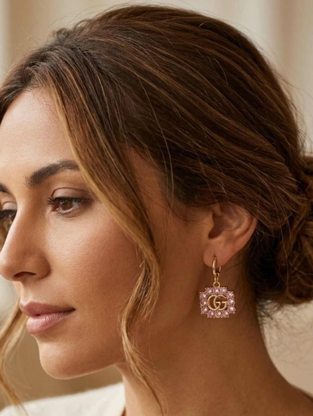 Gucci Pink Crystal Gold Plated Zip Pull Earings